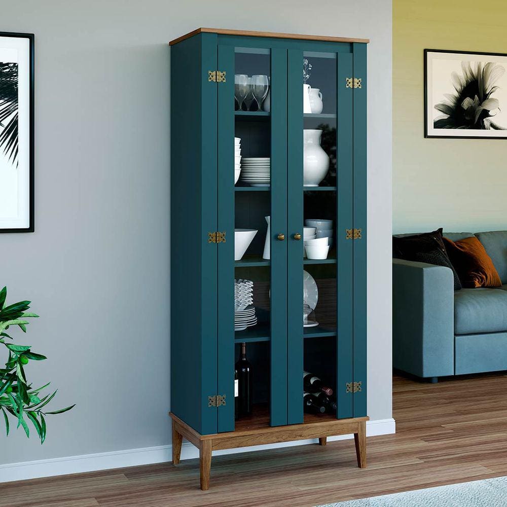 Cristaleira 2 Portas de Vidro Colonial 75 Cm Freijó Petróleo Móvel Bento