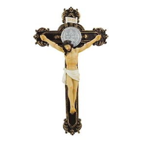 Crucifixo De Parede Marrom Resina Realista Jesus Cruz 38cm