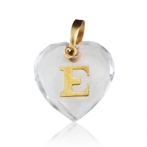 Pingente Cristal Coração Com Letra E Em Ouro 18K