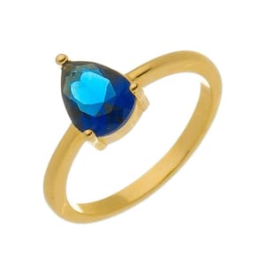 Anel Gota Pedra de Vidro Safira Folheado em Ouro 18k