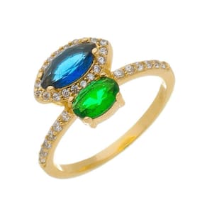 Anel Duas Pedras Coloridas e Micro Zircônias Folheado em Ouro 18k
