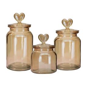 Kit Pote Vidro Âmbar Decor Afeto Coração 3pç 650ml, 1L e1,3L