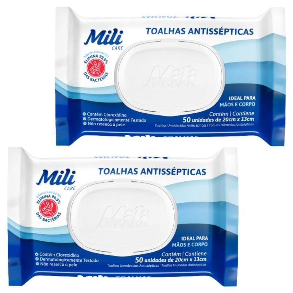 Lenço Umedecido Ou Toalhas Antissépticas Mili 2 Pacotes C- 50 (total: 100 Toalhas)