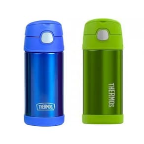 KIT Garrafa Térmica Thermos Infantil Inox 355ml Canudo Com Alça Azul e Verde