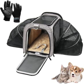 Kit Bolsa Pet Expansivel Transporte Viagem Cachorros e Gatos Cinza + Par de Luvas Magnética - Duke & Dixie