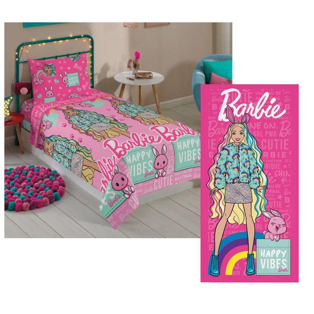 Kit Jogo De Cama Barbie 3 Peças E Toalha Aveludada Lepper