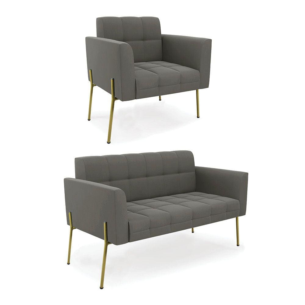 Sofá Namoradeira e Poltrona Pé de Ferro Dourado Elisa Suede Grafite D03 - D`Rossi