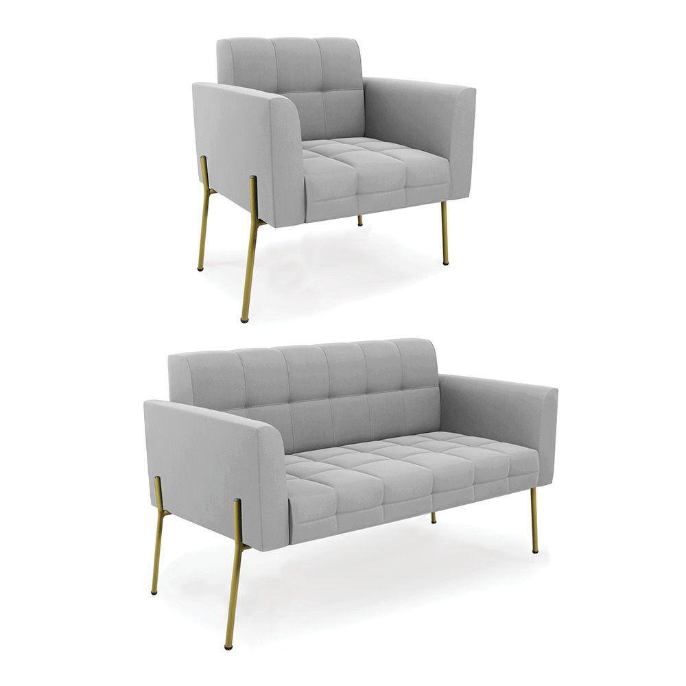 Sofá Namoradeira e Poltrona Pé de Ferro Dourado Elisa Suede Cinza D03 - D`Rossi