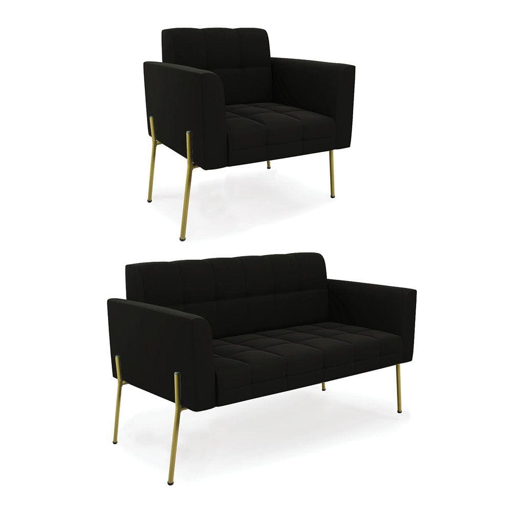 Sofá Namoradeira e Poltrona Pé de Ferro Dourado Elisa Suede Preto D03 - D`Rossi