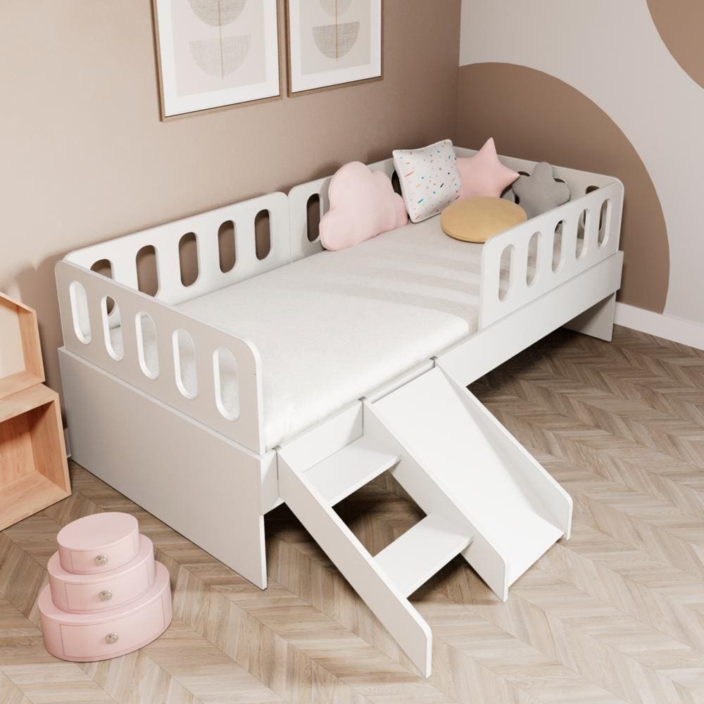 Cama Solteiro Mdf Branco com Escadinha/Escorrega 03 Grades e Cabeceira Anatômica Mobilistore
