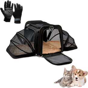 Kit Bolsa Pet Expansivel Transporte Viagem Cachorros e Gatos Preto + Par de Luvas Magnética - Duke & Dixie