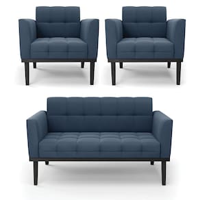 Sofá Namoradeira e 2 Poltronas Base de Madeira Preto Elisa Suede Azul Marinho D03 - D`Rossi
