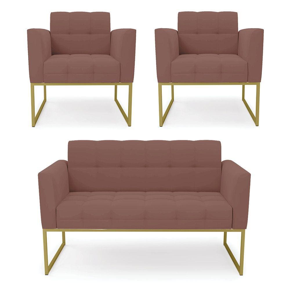Kit 1 Sofá Namoradeira e 2 Poltronas Elisa Veludo Rosê Base Metálica Industrial Dourado - D`Rossi