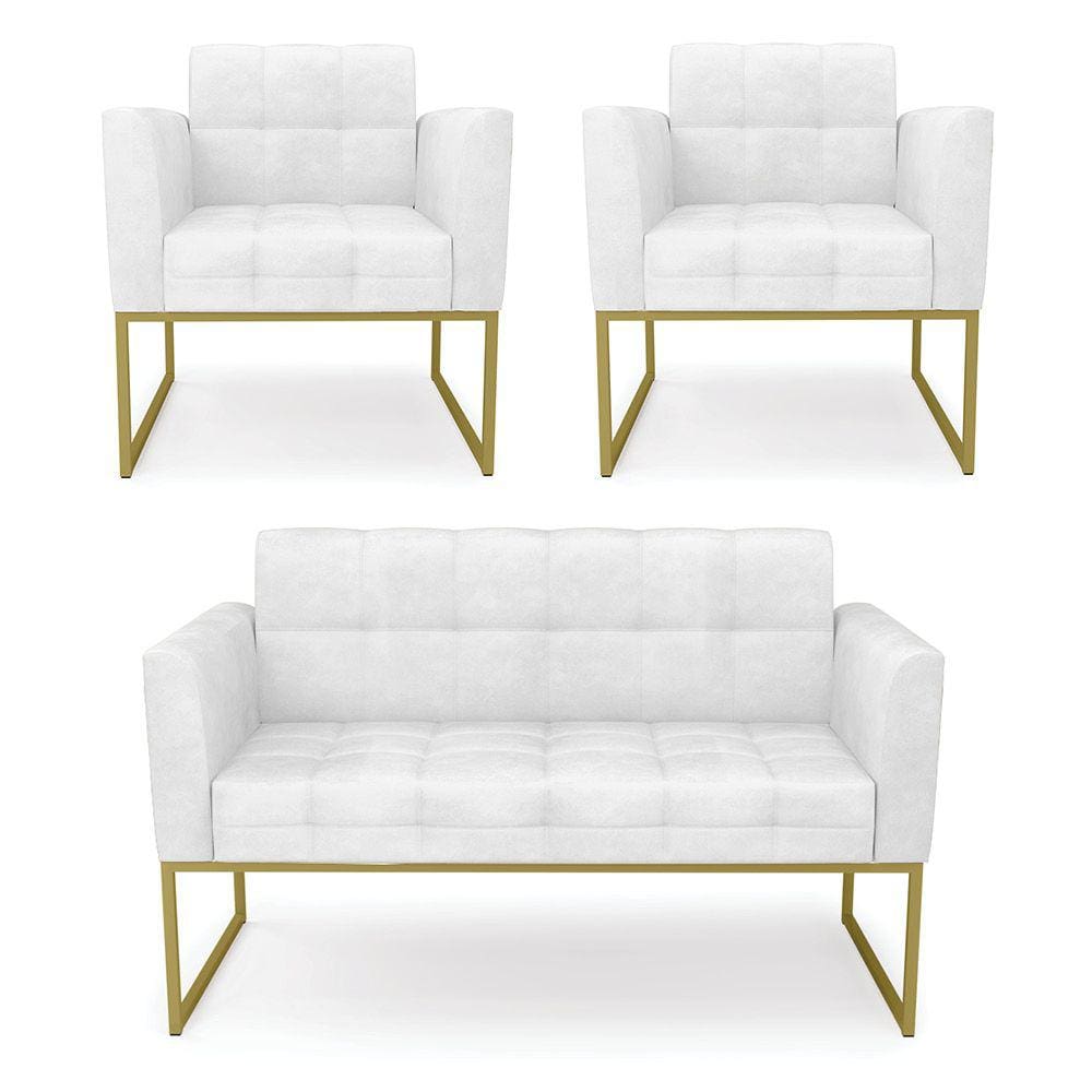 Kit 1 Sofá Namoradeira e 2 Poltronas Elisa Corano Branco Base Metálica Industrial Dourado - D`Rossi