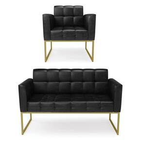 Kit 1 Sofá Namoradeira e 1 Poltrona Elisa Corano Preto Base Metálica Industrial Dourado - D`Rossi
