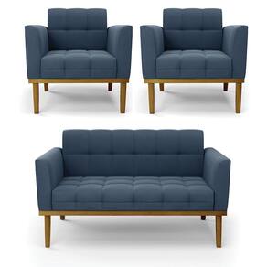 Namoradeira com 2 Poltronas Base Madeira Castanho Elisa Suede Azul Marinho D03 - D`Rossi