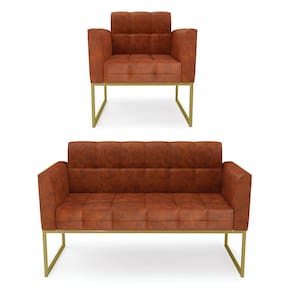 Kit 1 Sofá Namoradeira e 1 Poltrona Elisa Corano Nozes Base Metálica Industrial Dourado - D`Rossi