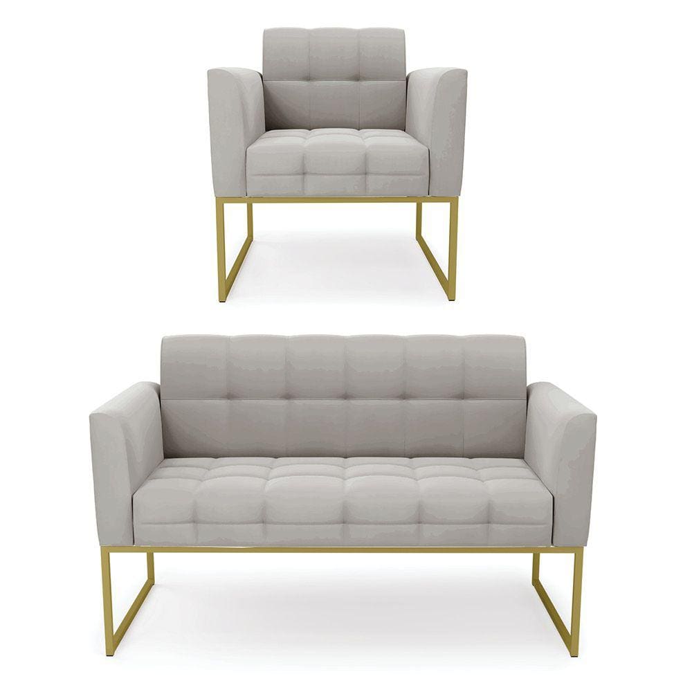 Kit 1 Sofá Namoradeira e 1 Poltrona Elisa Veludo Cinza Base Metálica Industrial Dourado - D`Rossi