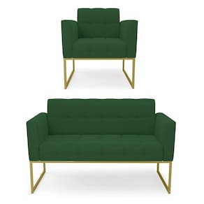 Kit 1 Sofá Namoradeira e 1 Poltrona Elisa Veludo Base Metálica Industrial Dourado - D`Rossi