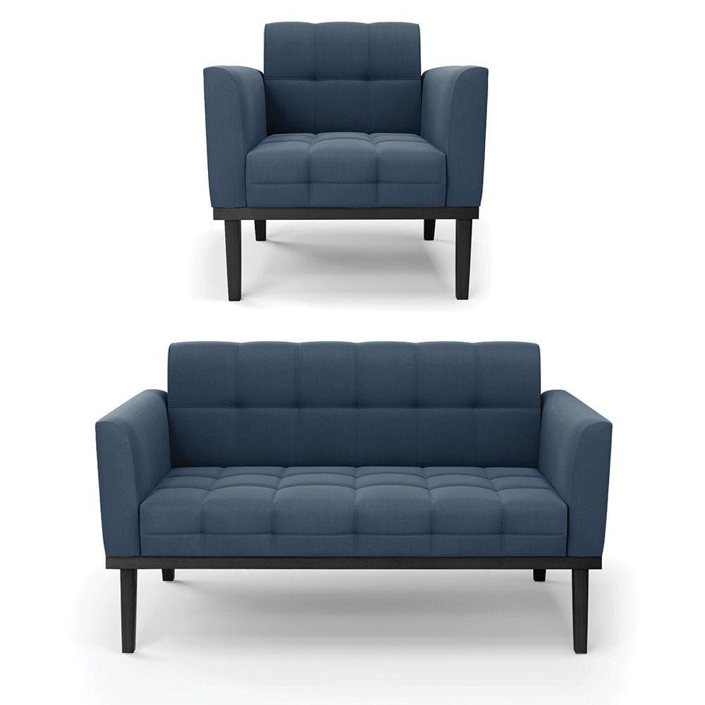 Sofá Namoradeira e Poltrona Base de Madeira Preto Elisa Suede Azul Marinho D03 - D`Rossi