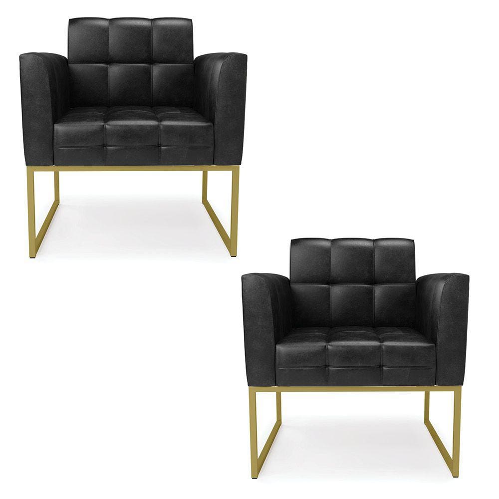 Kit 2 Poltronas Elisa Corano Preto Base Metálica Industrial Dourado - D`Rossi