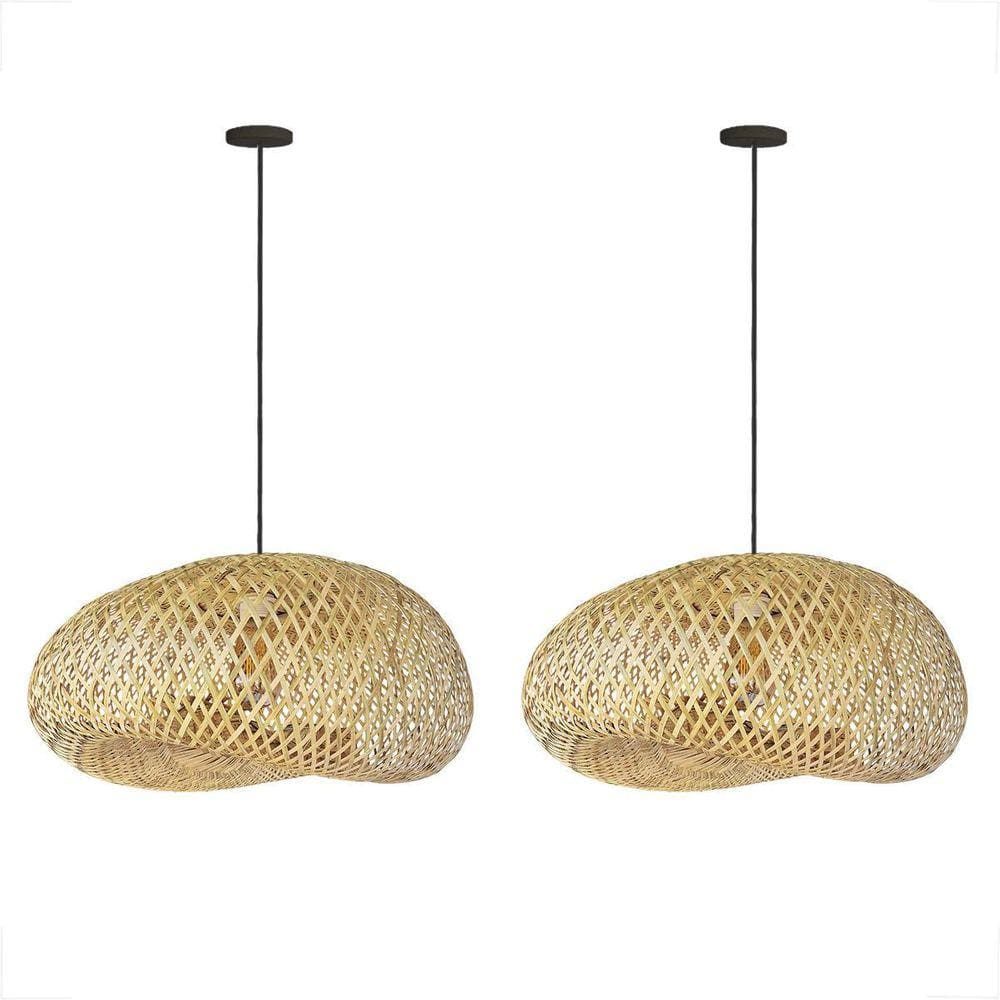 Kit 2 Pendente Em Fibra Natural Bambu Artesanal E27 Quarto