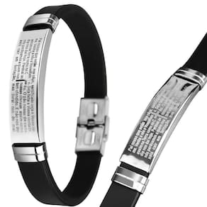 Pulseira Prata Placa Aço Inox Masculina Silicone Pai Nosso Casual Ajsutavel Religioso
