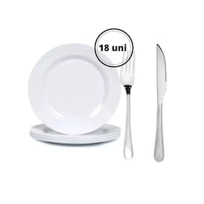 Jogo 6 Pratos Branco Raso 25Cm Melamina 12 Garfo Facas Inox