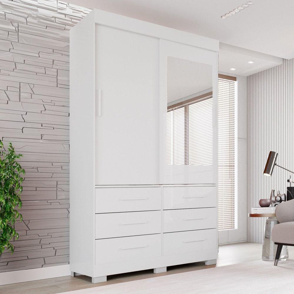 Guarda Roupa com Pés e Espelho 2 Portas 6 Gavetas Luana Branco