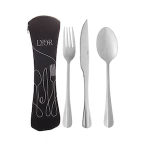 Conjunto 4 peças Estojo de Neoprene Preto com 3 Talheres Positano Aço Inox - Lyor