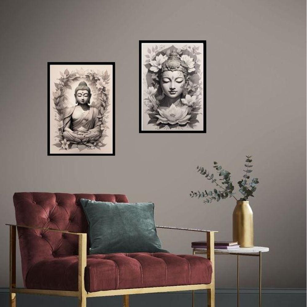 Kit 2 Quadros Budas Tons De Cinza 24X18Cm