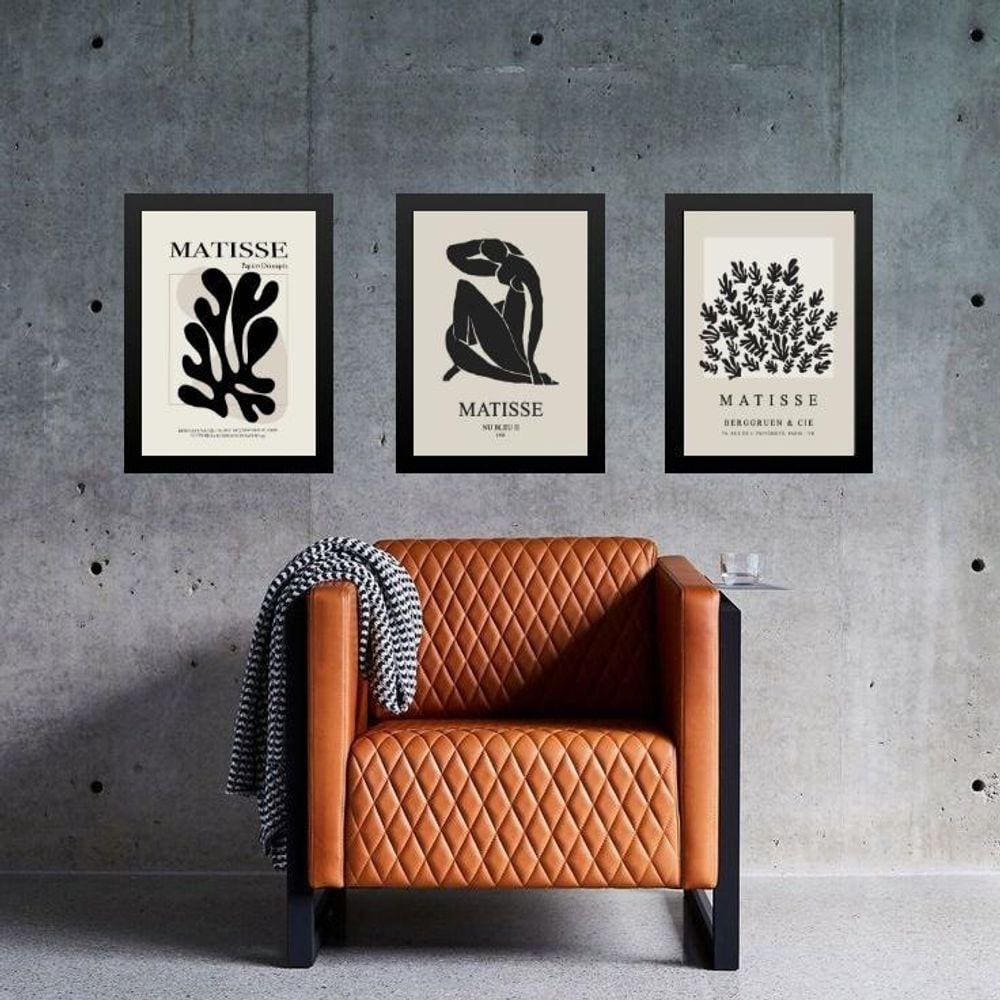 Kit 3 Quadros Arte Matisse Preto E Nude 45X34Cm - Com Vidro