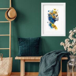 Quadro Mulher Borboletas Azul Amarelo - 60X48Cm