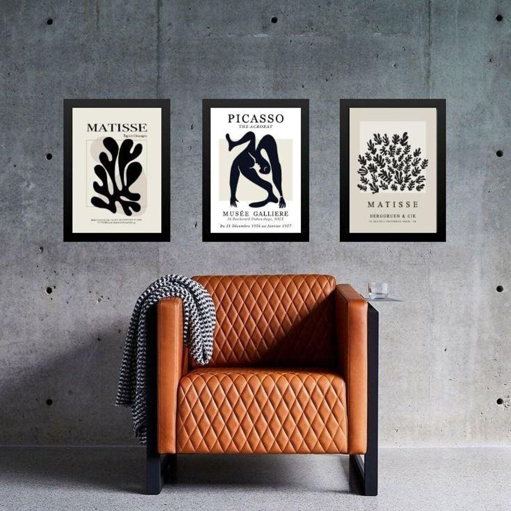 Kit 3 Quadros Matisse Picasso Preto E Nude 24X18Cm - Vidro