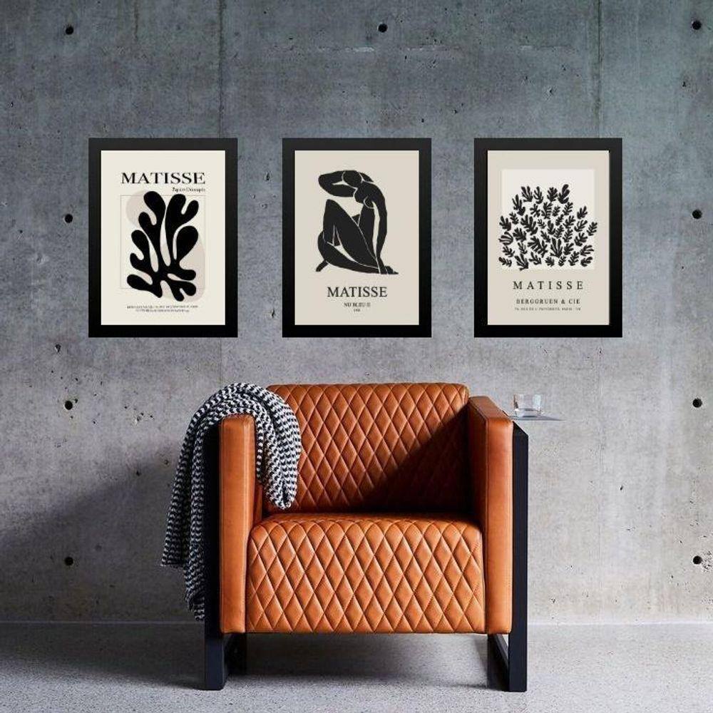 Kit 3 Quadros Arte Matisse Preto E Nude 24X18Cm - Com Vidro