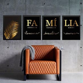 Kit 4 Quadros Família - Folha Dourada 45X34Cm - Com Vidro