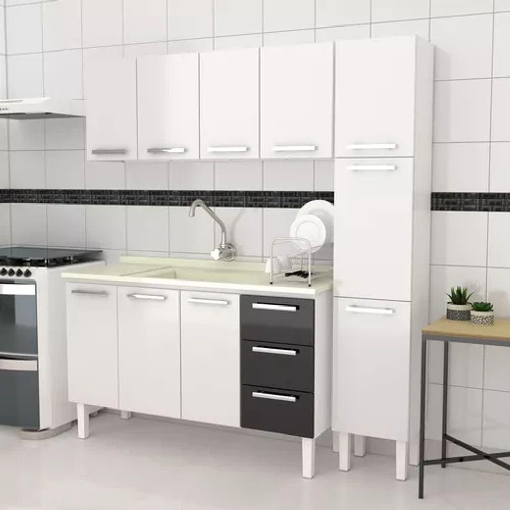 Conjunto Cozinha Completo Para Pia 1,50metros Gabinete 3 Gavetas + Aéreo + Paneleiro 100% em Aço - Venus Cozimax