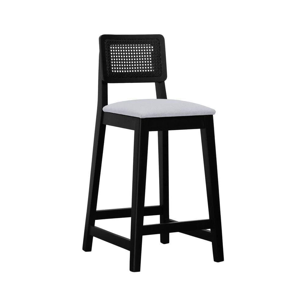 Banqueta Gabi Madeira Maciça Encosto C- Telinha C- 68cm Altura - Preto Assento Estofado Linho Bege Mescla Impermeável