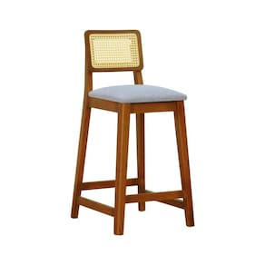 Banqueta Gabi Madeira Maciça Encosto Telinha C- 68cm Altura - Amêndoa Assento Estofado Linho Cinza Mescla Impermeável