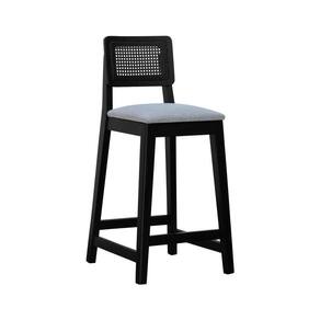 Banqueta Gabi Madeira Maciça Encosto C- Telinha C- 68cm Altura - Preto Assento Estofado Linho Cinza Mescla Impermeável