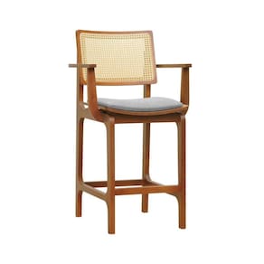 Banqueta Alta Bistrô Gus C- Braços - Amêndoa Estofado Linho Cinza Mescla Impermeável