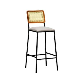 Banqueta Gabi Metal Encosto Anatômico Telinha Natural Assento Estofado - Preto-amêndoa Linho Bege