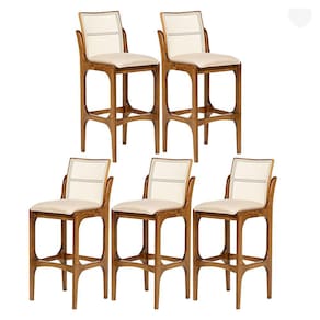 Kit 5 Banquetas Alta para Balcão Lisboa Encosto Rattan Madeira Imbuia Linho Bege M58