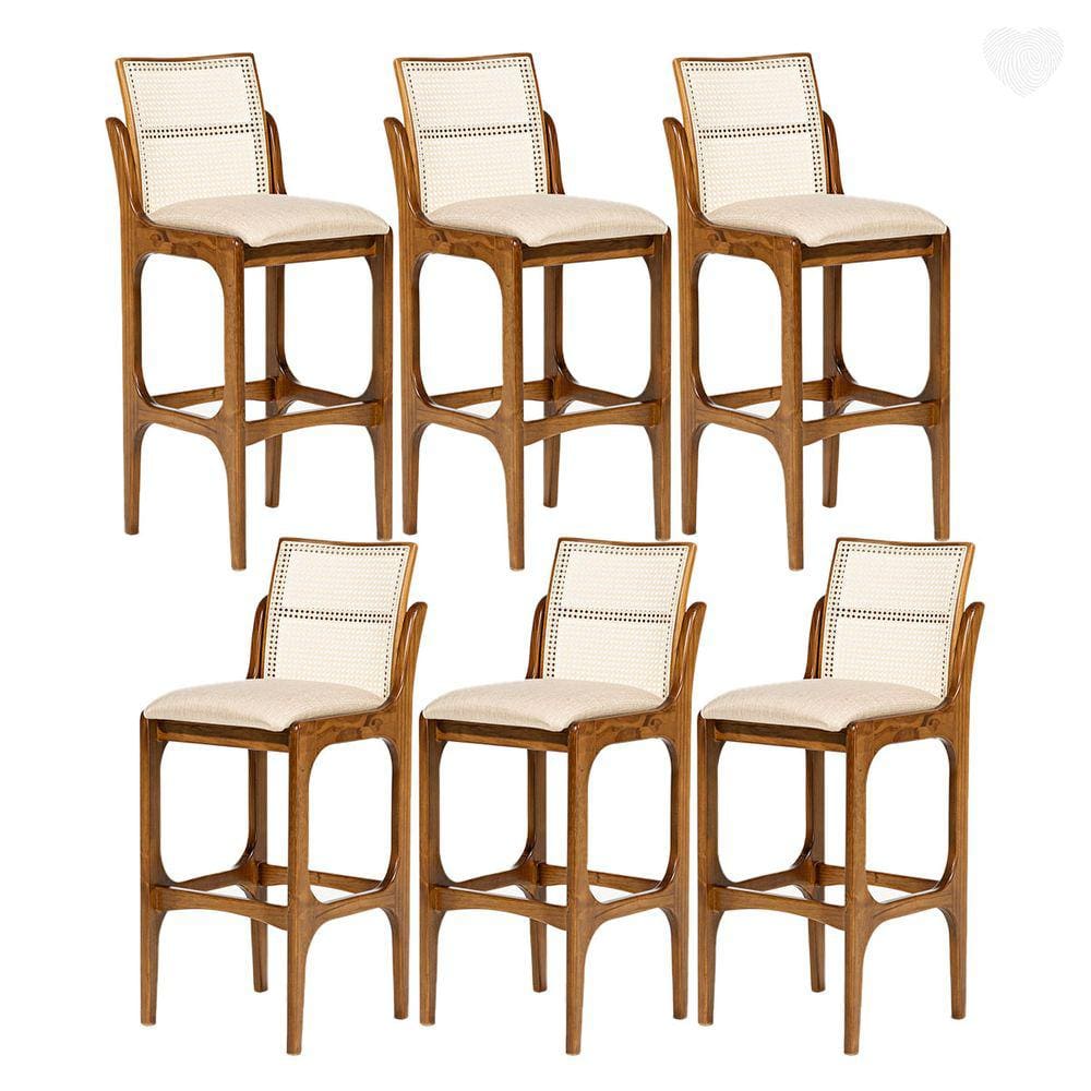 Kit 6 Banquetas para Área Gourmet Lisboa Encosto Rattan Madeira Imbuia Linho Bege M58