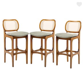 Kit 3 Banquetas Alta com Encosto Decor Madeira Imbuia Encosto Rattan Linho Linho Verde L84