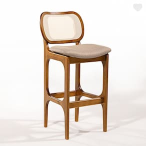 Banqueta Alta para Cozinha Decor Encosto Rattan Madeira Imbuia Linho Marrom L87