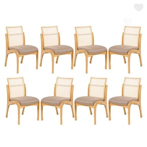 Kit 8 Cadeiras de Madeira Estofada para Mesa de Jantar Lisboa Linho Marrom com Encosto Rattan L87