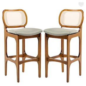 Kit 2 Banquetas para Cozinha Americana Decor Encosto Rattan Madeira Imbuia Linho Linho Verde L84
