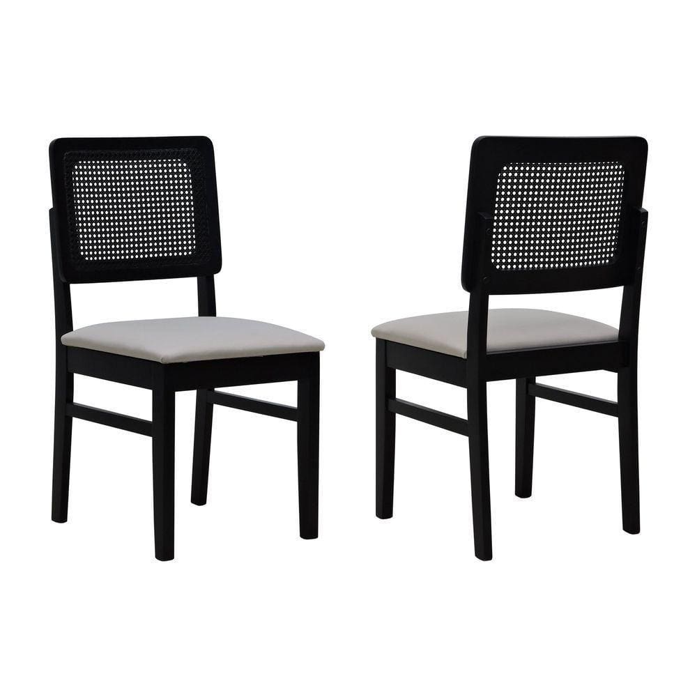 Kit 2 Cadeiras Madeira Maciça Lyon Encosto Telinha - Preto Assento Estofado Linho Bege