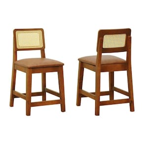 Kit 2 Banquetas Baixa-cadeira Gabi Madeira Maciça Encosto Telinha - Amêndoa Assento Estofado Corano Marrom Mescla
